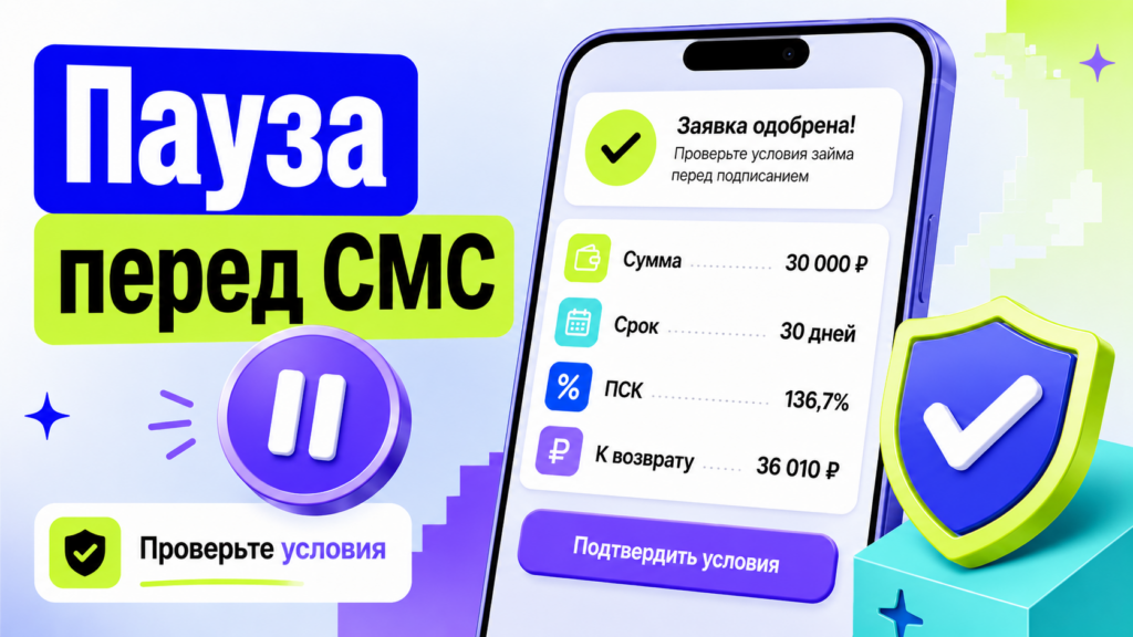 Финальная проверка суммы, срока, ПСК и суммы к возврату перед подписанием займа кодом из СМС