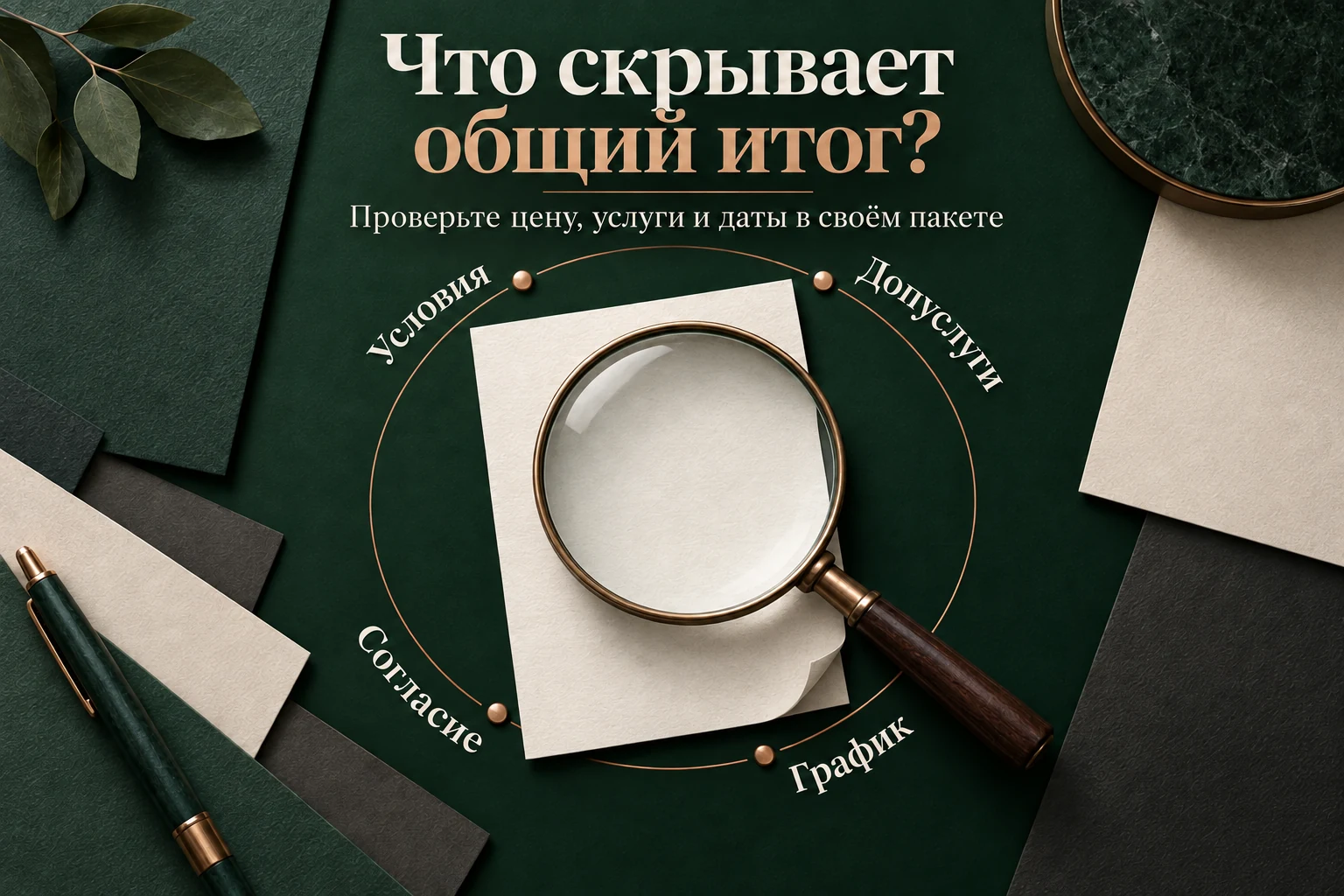 Лупа над условным документом, вокруг которой указаны условия, допуслуги, согласие и график