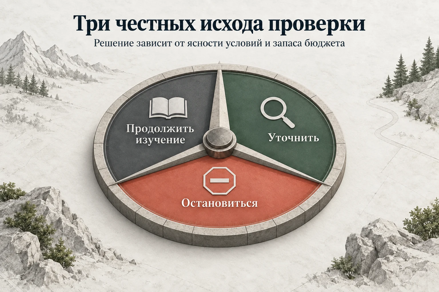 Компас с тремя равноправными направлениями: продолжить изучение, уточнить и остановиться