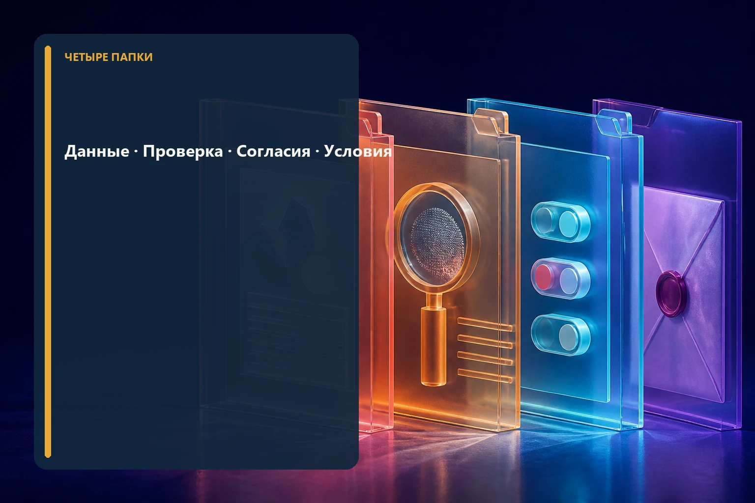 Редакционная иллюстрация онлайн-заявки как четырёх прозрачных папок данных, проверки, согласий и предложения без людей