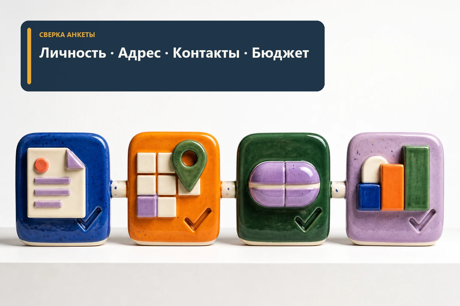 Модульная схема проверки четырёх блоков анкеты с документом, адресом, контактом и бюджетом без людей