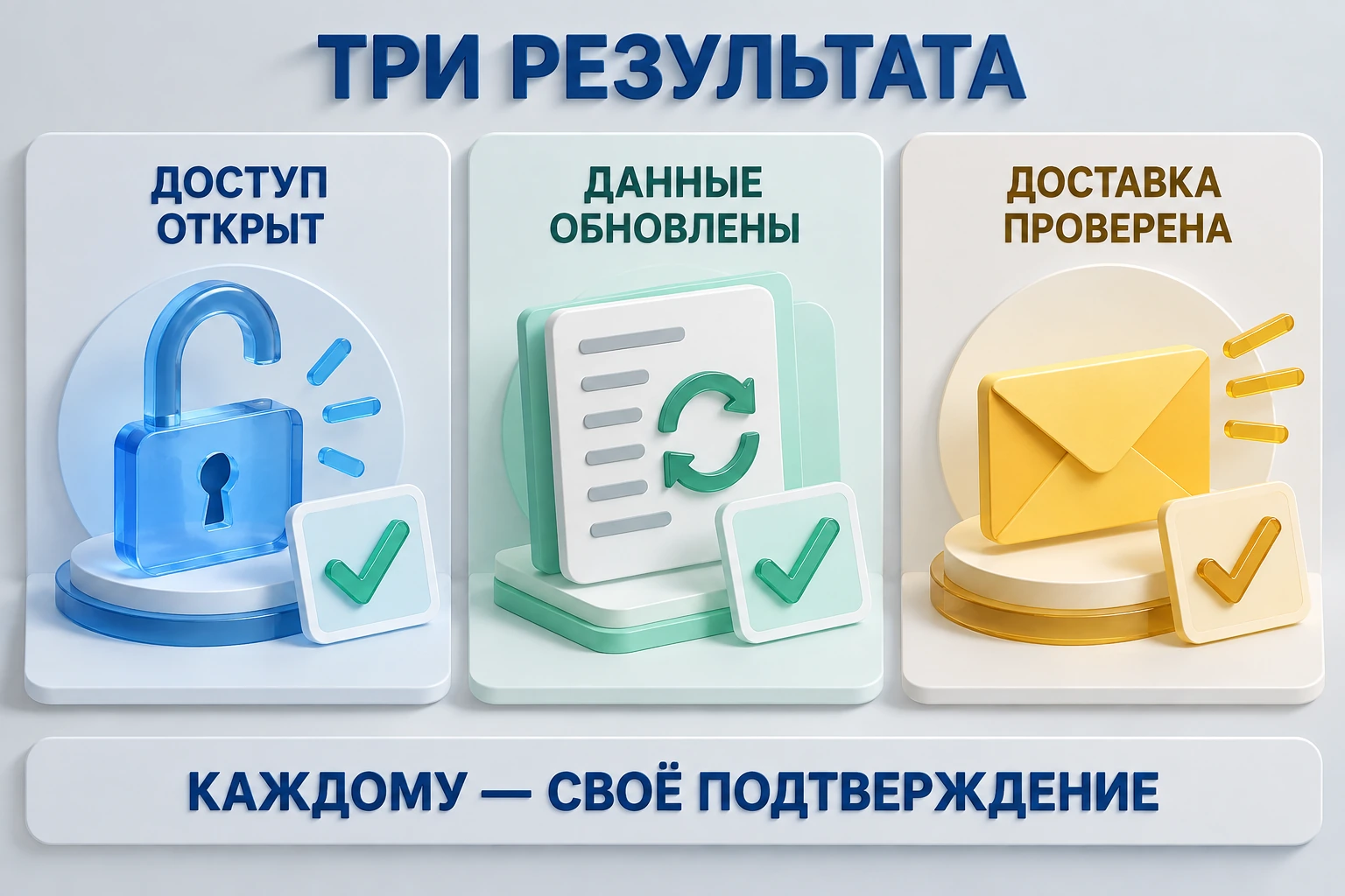 Три карточки проверки: доступ открыт, данные обновлены, уведомление доставлено