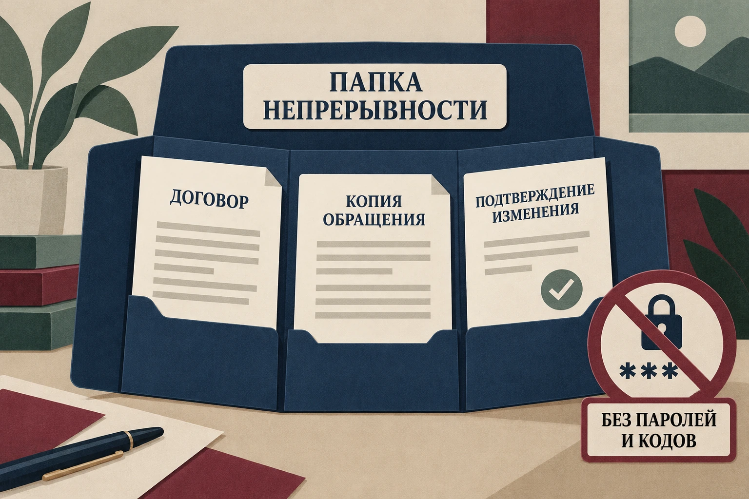 Папка непрерывности с договором, копией обращения и подтверждением нового контакта