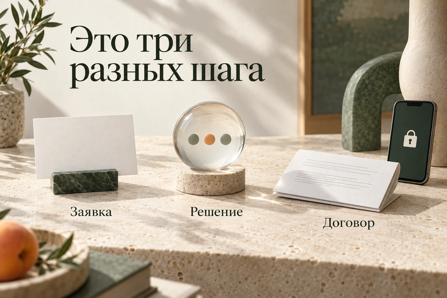 Светлая предметная сцена с тремя отдельными шагами: заявка, решение и договор