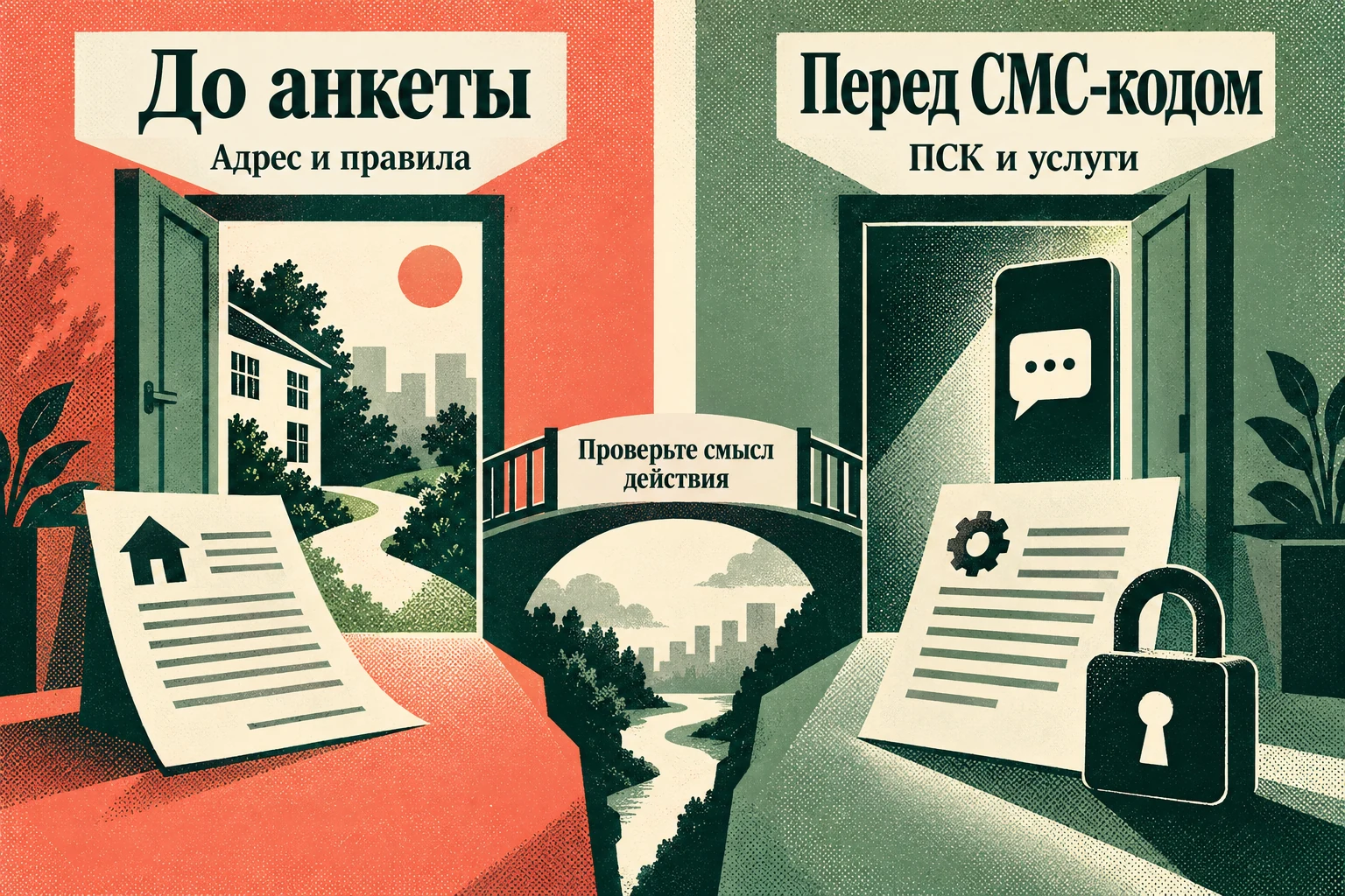 Кораллово-зелёный постер: до анкеты проверить адрес и правила, перед СМС-кодом проверить ПСК и услуги